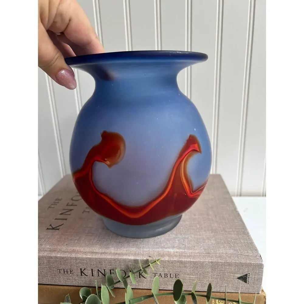 Handblown Cased Satin Glass Vase | Groovy Red Wave Design | Blue Hue